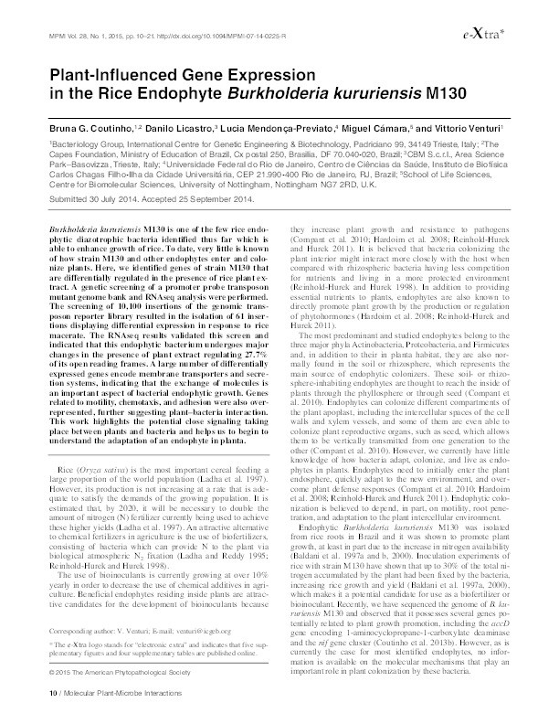 Plant-influenced gene expression in the rice endophyte Burkholderia kururiensis M130 Thumbnail