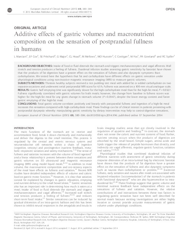 Additive effects of gastric volumes and macronutrient composition on the sensation of postprandial fullness in humans Thumbnail