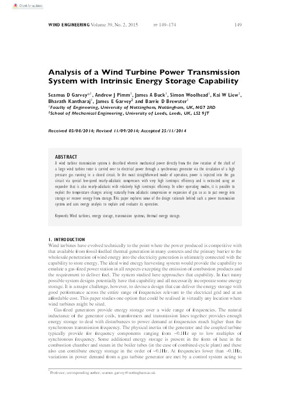 Analysis of a wind turbine power transmission system with intrinsic energy storage capability Thumbnail