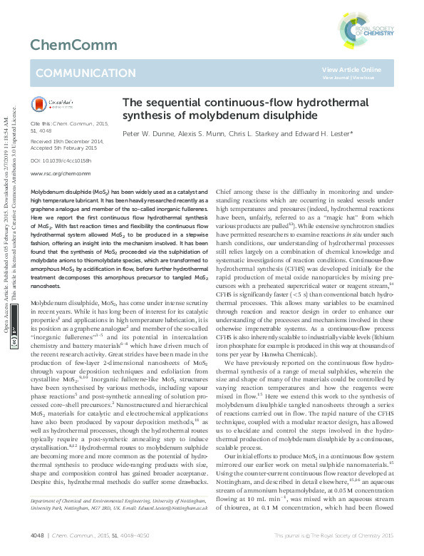 The sequential continuous-flow hydrothermal synthesis of molybdenum disulphide Thumbnail