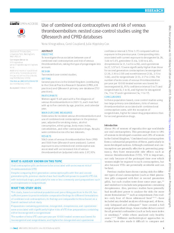 Use of combined oral contraceptives and risk of venous thromboembolism: nested case-control studies using the QResearch and CPRD databases Thumbnail