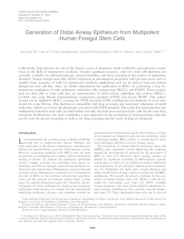 Generation of distal airway epithelium from multipotent human foregut stem cells Thumbnail