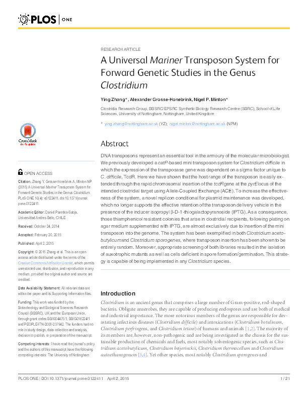 A universal mariner transposon system for forward genetic studies in the genus Clostridium Thumbnail