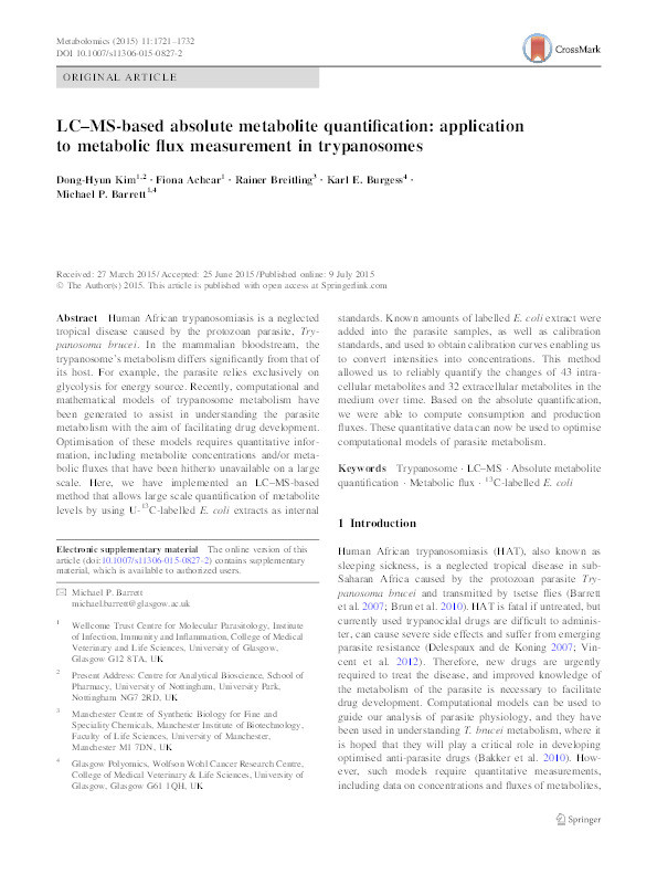 LC–MS-based absolute metabolite quantification: application to metabolic flux measurement in trypanosomes Thumbnail