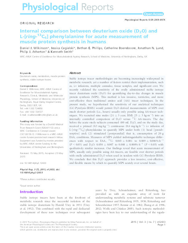 Internal comparison between deuterium oxide (D2O) and L-[ring-13C6] phenylalanine for acute measurement of muscle protein synthesis in humans Thumbnail