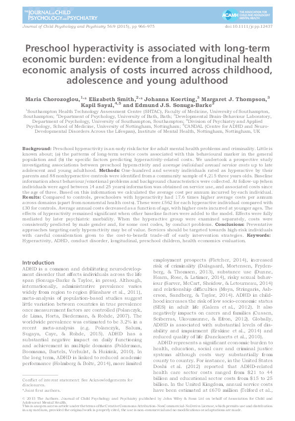 Preschool hyperactivity is associated with long-term economic burden: evidence from a longitudinal health economic analysis of costs incurred across childhood, adolescence and young adulthood Thumbnail