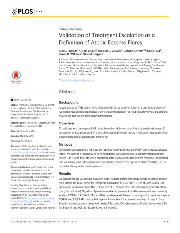 Validation of treatment escalation as a definition of atopic eczema flares Thumbnail