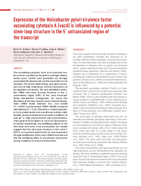 Expression of the Helicobacter pylori virulence factor vacuolating cytotoxin A (vacA) is influenced by a potential stem-loop structure in the 5' untranslated region of the transcript Thumbnail