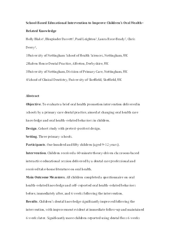 School-based educational intervention to improve children’s oral health-related knowledge Thumbnail