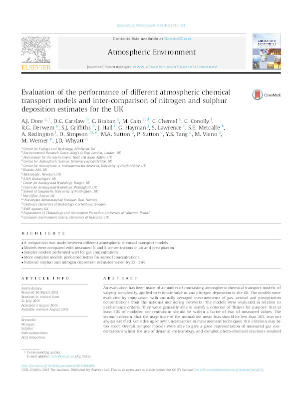 Evaluation of the performance of different atmospheric chemical transport models and inter-comparison of nitrogen and sulphur deposition estimates for the UK Thumbnail