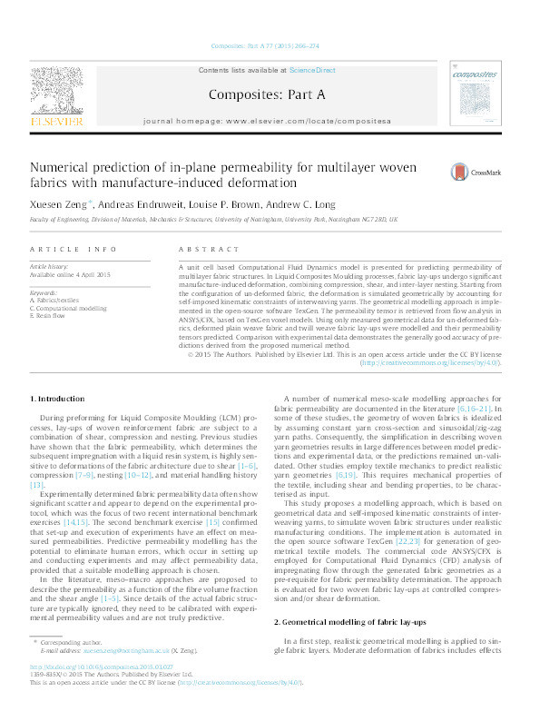 Numerical prediction of in-plane permeability for multilayer woven fabrics with manufacture-induced deformation Thumbnail