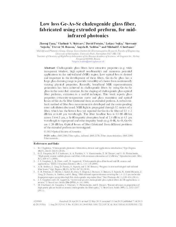 Low loss Ge-As-Se chalcogenide glass fiber, fabricated using extruded preform, for midinfrared photonics Thumbnail