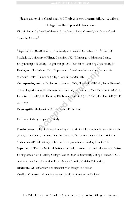 Nature and origins of mathematics difficulties in very preterm children: a different etiology than developmental dyscalculia Thumbnail