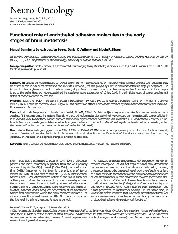 Functional role of endothelial adhesion molecules in the early stages of brain metastasis Thumbnail