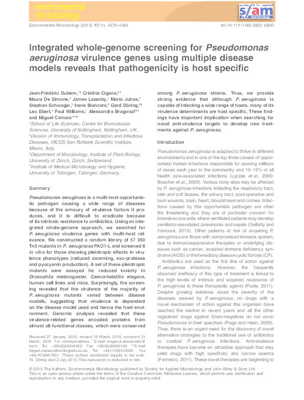 Integrated whole-genome screening for Pseudomonas aeruginosa virulence genes using multiple disease models reveals that pathogenicity is host specific Thumbnail