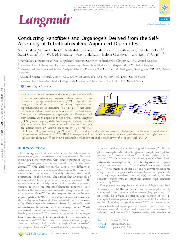 Conducting nanofibers and organogels derived from the self-assembly of tetrathiafulvalene-appended dipeptides Thumbnail