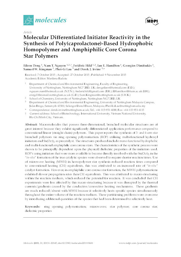 Molecular differentiated initiator reactivity in the synthesis of poly(caprolactone)-based hydrophobic homopolymer and amphiphilic core corona star polymers Thumbnail