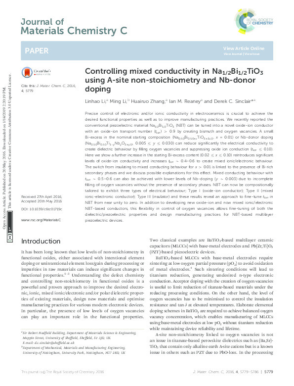 Controlling mixed conductivity in Na1/2Bi1/2TiO3 using A-site non-stoichiometry and Nb donor-doping Thumbnail