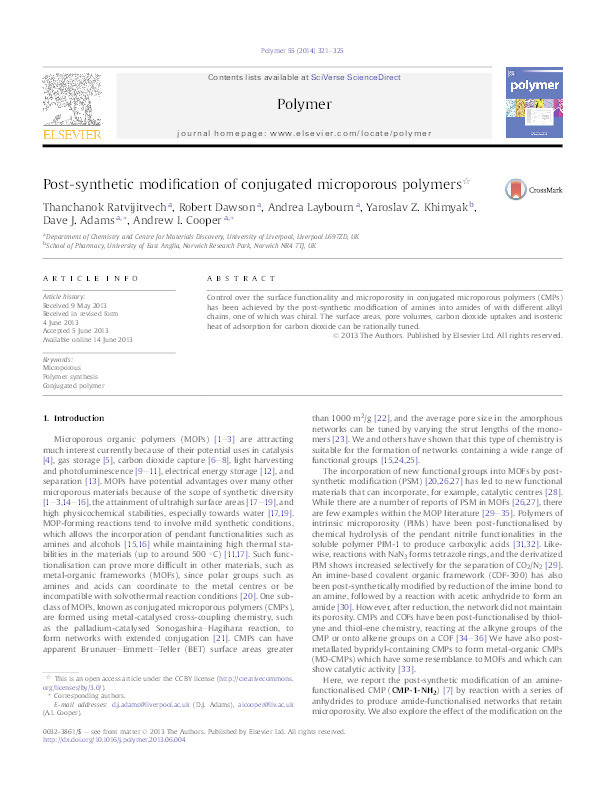 Post-synthetic modification of conjugated microporous polymers Thumbnail