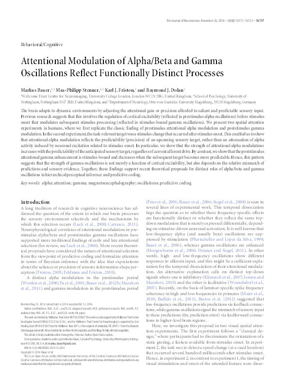 Attentional Modulation of Alpha/Beta and Gamma Oscillations Reflect Functionally Distinct Processes Thumbnail