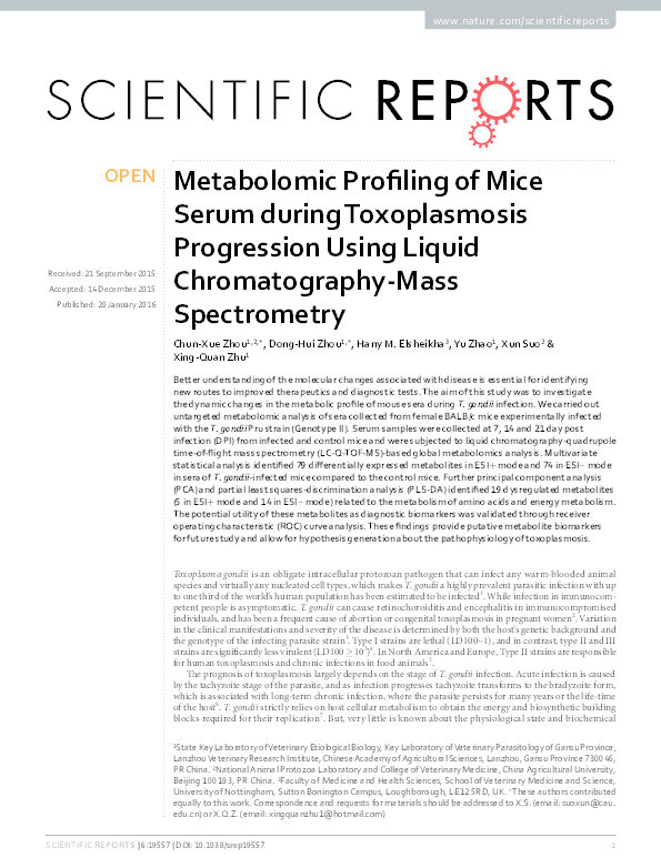 Metabolomic Profiling of Mice Serum during Toxoplasmosis Progression Using Liquid Chromatography-Mass Spectrometry Thumbnail