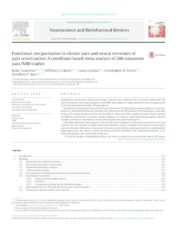 Functional reorganisation in chronic pain and neural correlates of pain sensitisation Thumbnail