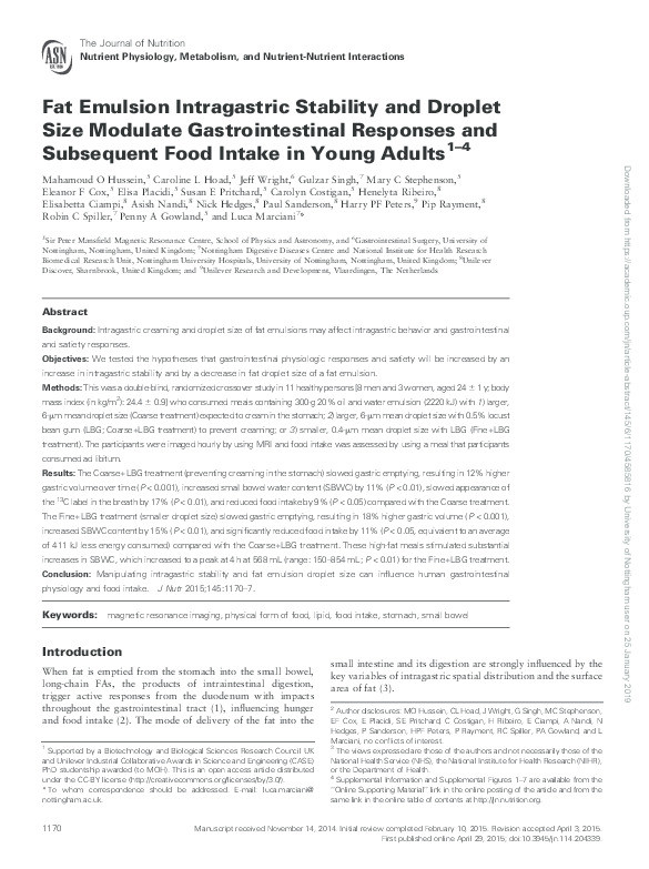 Fat emulsion intragastric stability and droplet size modulate gastrointestinal responses and subsequent food intake in young adults Thumbnail