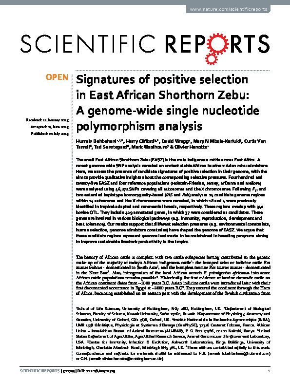 Signatures of positive selection in East African Shorthorn Zebu: A genome-wide single nucleotide polymorphism analysis Thumbnail