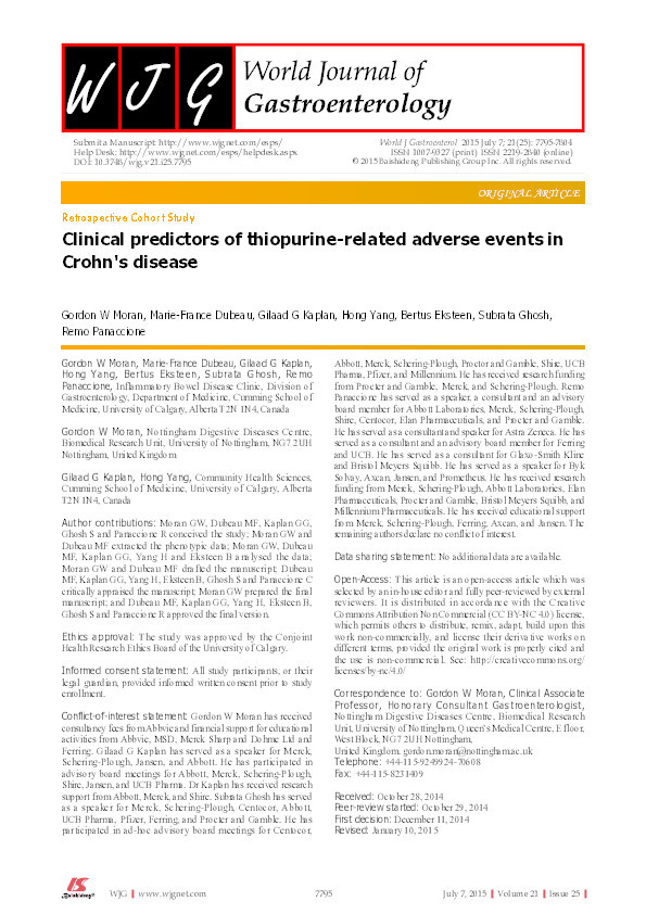 Clinical predictors of thiopurine-related adverse events in Crohn's disease Thumbnail