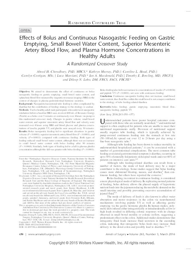 Effects of Bolus and Continuous Nasogastric Feeding on Gastric Emptying, Small Bowel Water Content, Superior Mesenteric Artery Blood Flow, and Plasma Hormone Concentrations in Healthy Adults: A Randomized Crossover Study Thumbnail