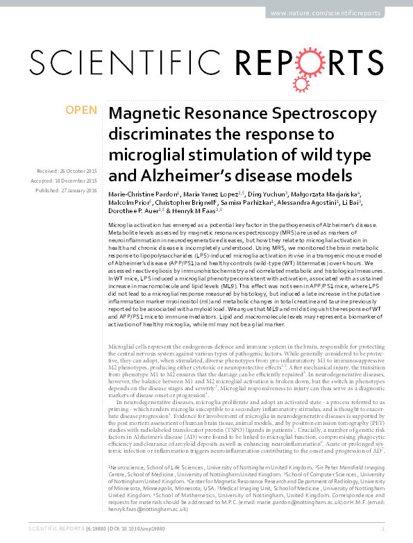 Magnetic Resonance Spectroscopy discriminates the response to microglial stimulation of wild type and Alzheimer's disease models Thumbnail