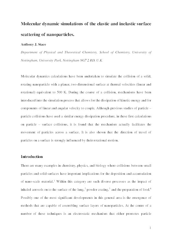 Molecular dynamic simulations of the elastic and inelastic surface scattering of nanoparticles Thumbnail