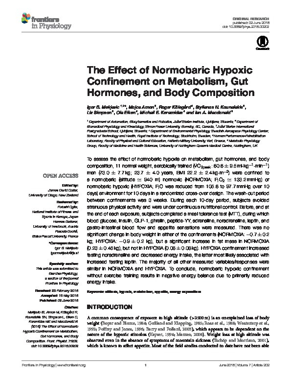 The Effect of Normobaric Hypoxic Confinement on Metabolism, Gut Hormones, and Body Composition Thumbnail