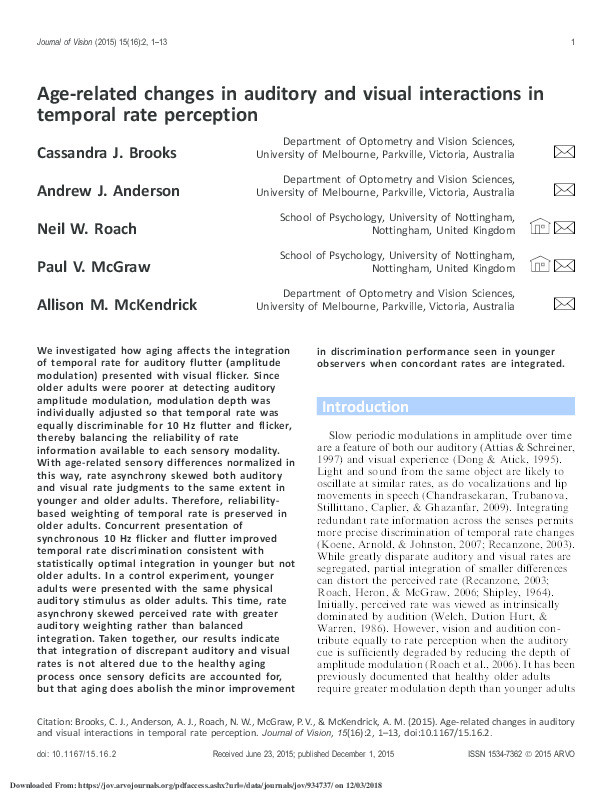 Age-related changes in auditory and visual interactions in temporal rate perception Thumbnail