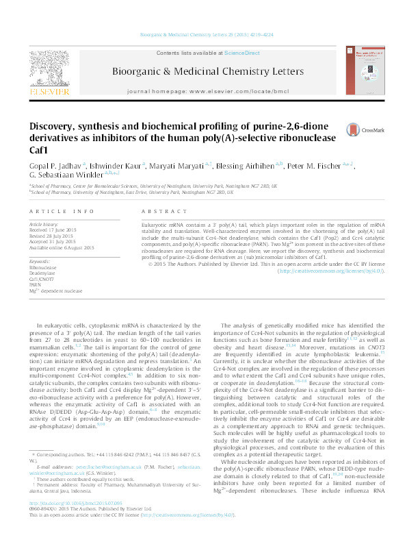 Discovery, synthesis and biochemical profiling of purine-2,6-dione derivatives as inhibitors of the human poly(A)-selective ribonuclease Caf1 Thumbnail