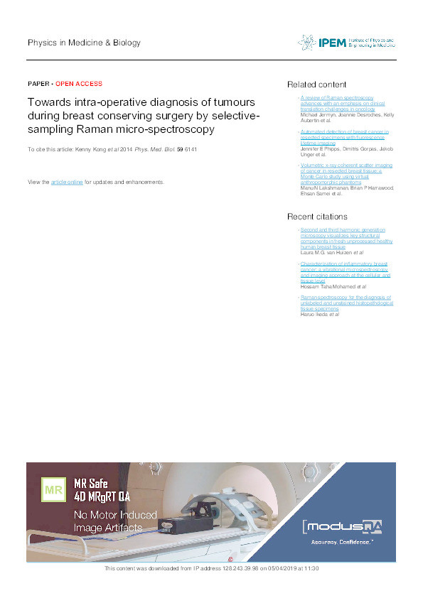 Towards intra-operative diagnosis of tumours during breast conserving surgery by selective-sampling Raman micro-spectroscopy Thumbnail