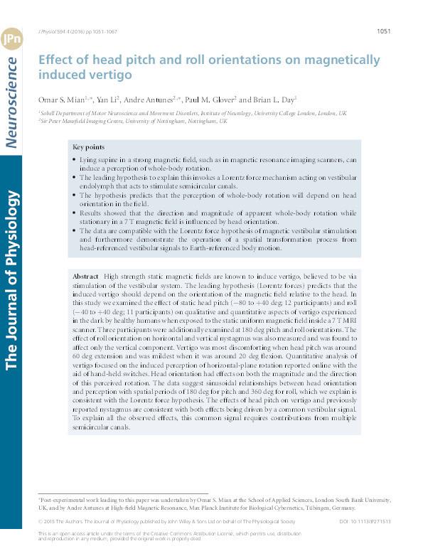 Effect of head pitch and roll orientations on magnetically induced vertigo Thumbnail