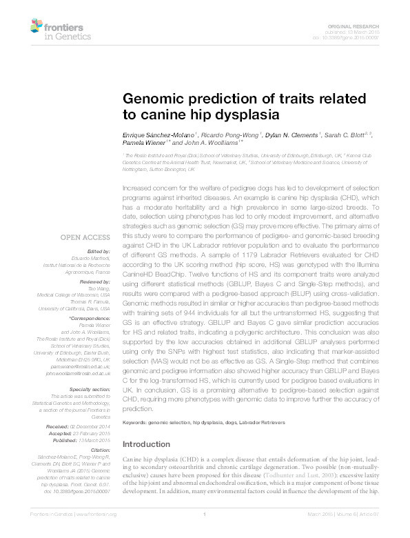 Genomic prediction of traits related to canine hip dysplasia Thumbnail