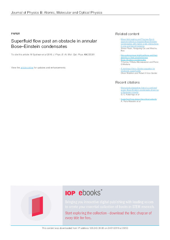 Superfluid flow past an obstacle in annular Bose-Einstein condensates Thumbnail