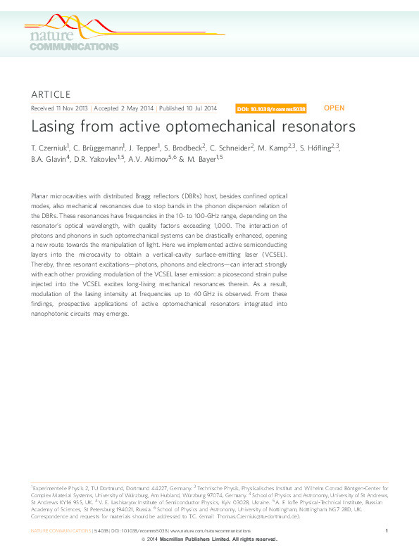 Lasing from active optomechanical resonators Thumbnail