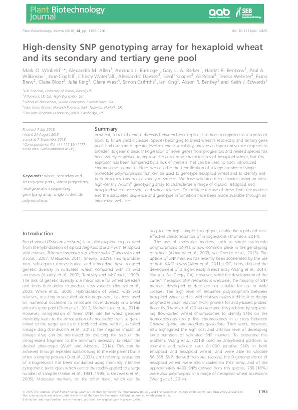 High-density SNP genotyping array for hexaploid wheat and its secondary and tertiary gene pool Thumbnail