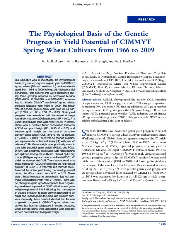 The Physiological Basis of the Genetic Progress in Yield Potential of CIMMYT Spring Wheat Cultivars from 1966 to 2009 Thumbnail