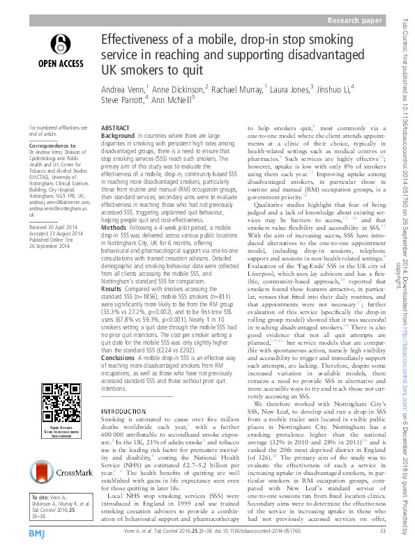 Effectiveness of a mobile, drop-in stop smoking service in reaching and supporting disadvantaged UK smokers to quit Thumbnail