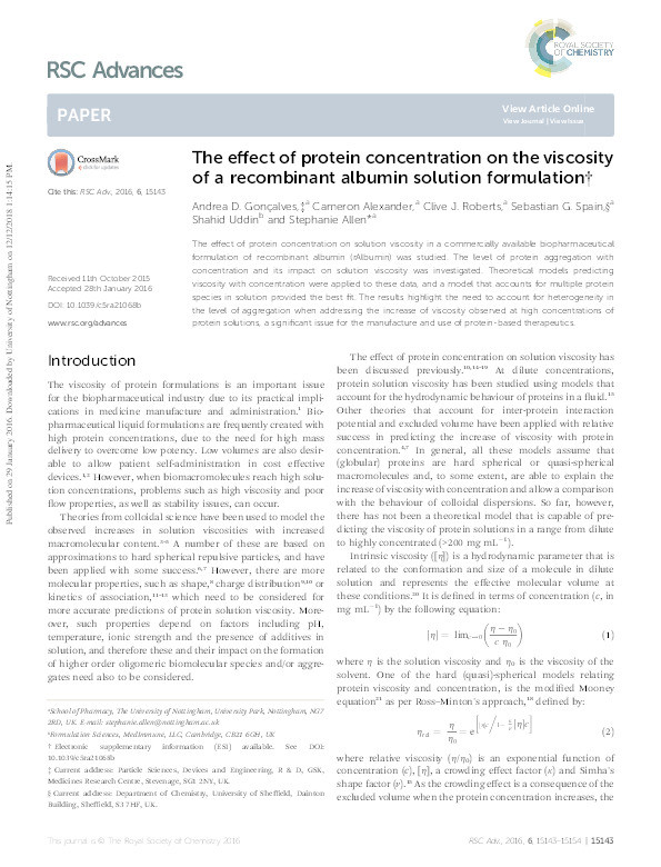 The effect of protein concentration on the viscosity of a recombinant albumin solution formulation Thumbnail