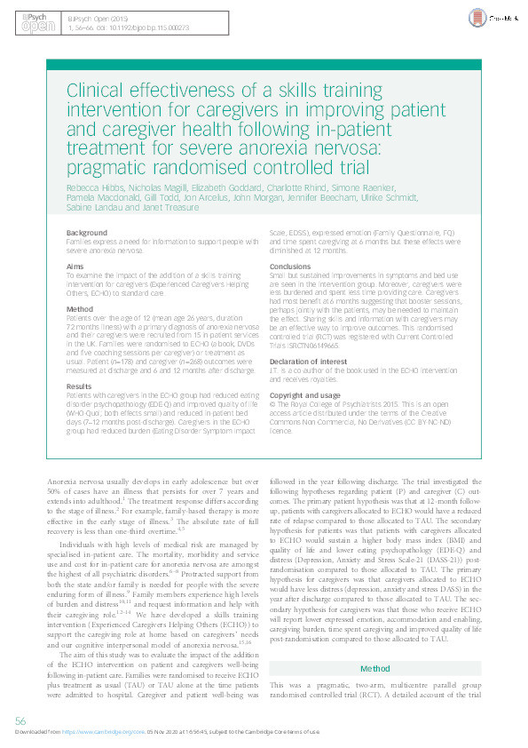 Clinical effectiveness of a skills training intervention for caregivers in improving patient and caregiver health following in-patient treatment for severe anorexia nervosa: pragmatic randomised controlled trial. Thumbnail