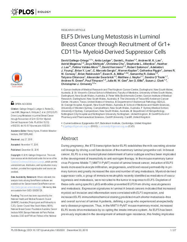 ELF5 drives lung metastasis in luminal breast cancer through recruitment of Gr1+ CD11b+ myeloid-derived suppressor cells Thumbnail