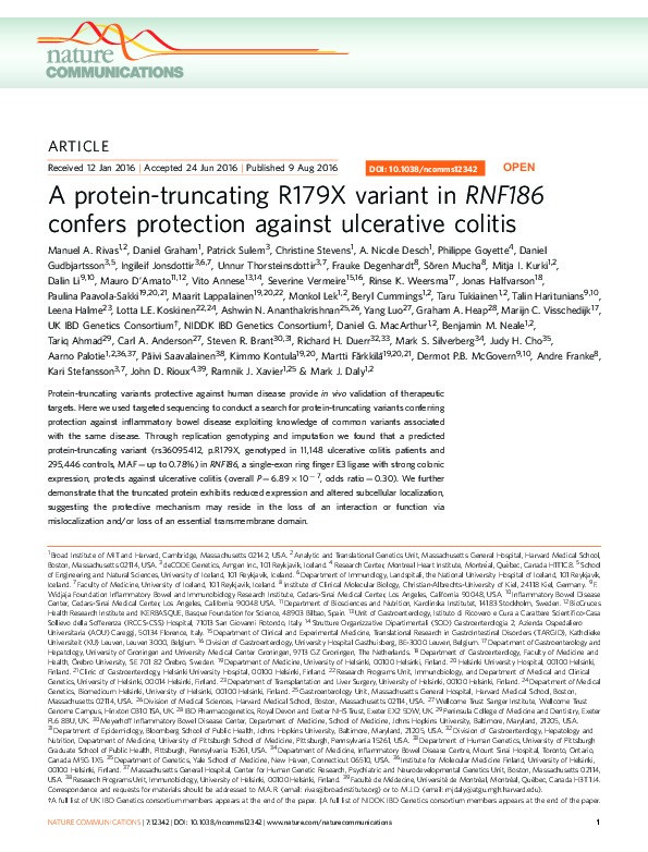 A protein-truncating R179X variant in RNF186 confers protection against ulcerative colitis Thumbnail
