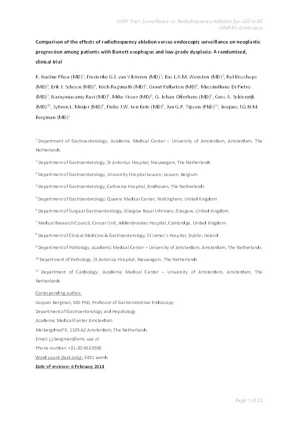 Radiofrequency Ablation vs Endoscopic Surveillance for Patients With Barrett Esophagus and Low-Grade Dysplasia: A Randomized Clinical Trial Thumbnail