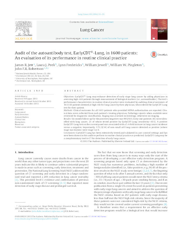 Audit of the autoantibody test, EarlyCDT®-Lung, in 1600 patients: An evaluation of its performance in routine clinical practice Thumbnail