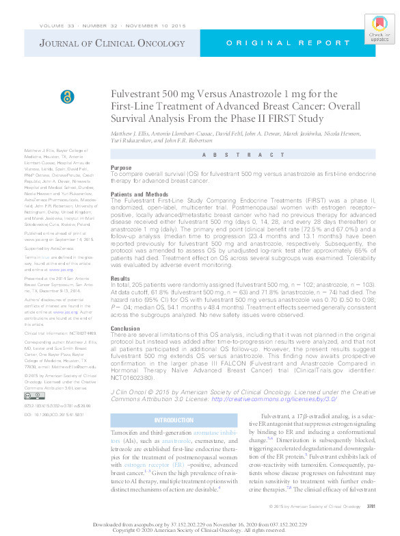 Fulvestrant 500 mg Versus Anastrozole 1 mg for the First-Line Treatment of Advanced Breast Cancer: Overall Survival Analysis From the Phase II FIRST Study Thumbnail